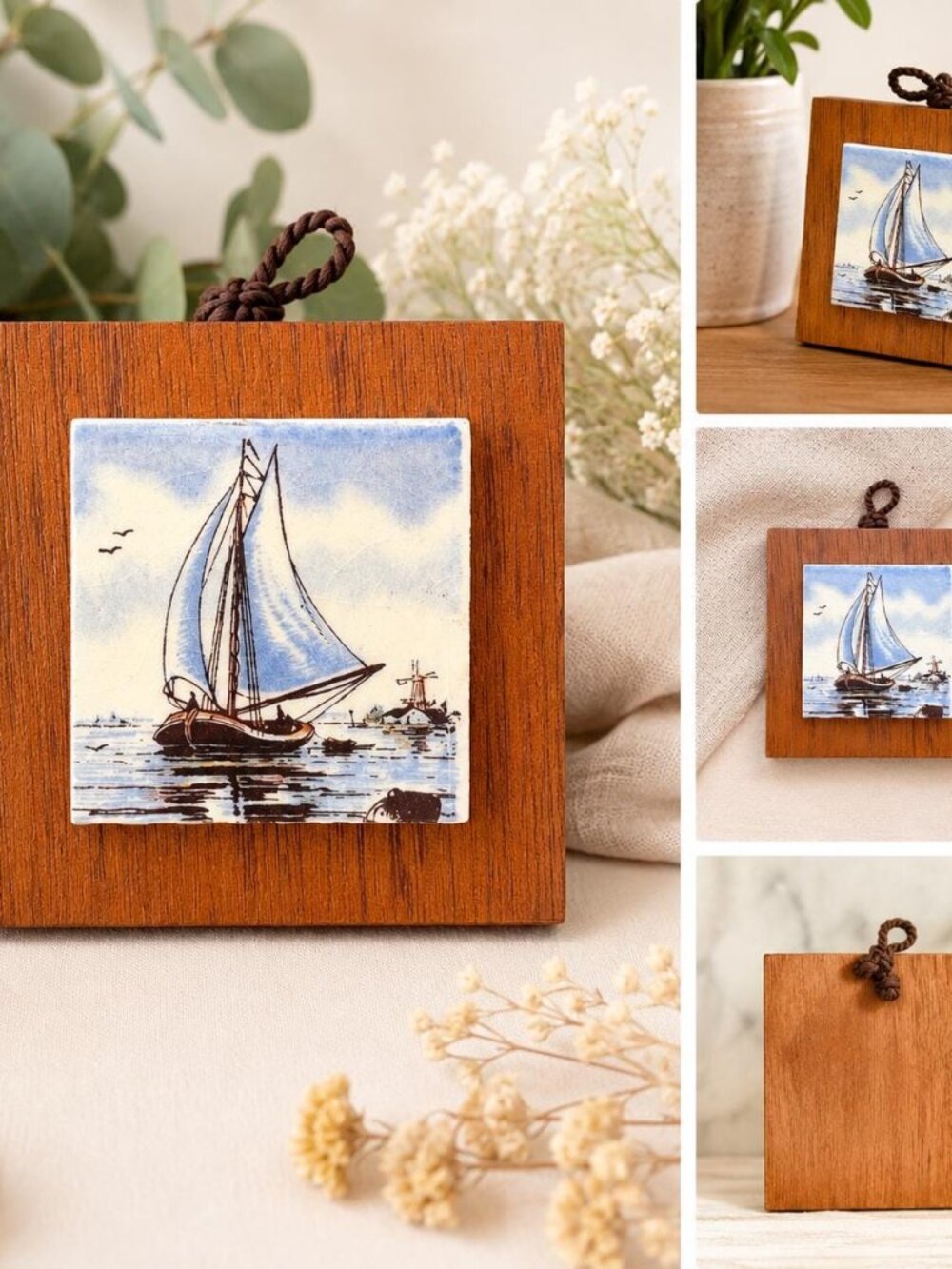 Vintage Mini Sailboat Ceramic Tile Wall Plaque, Wooden Nautical Hanging